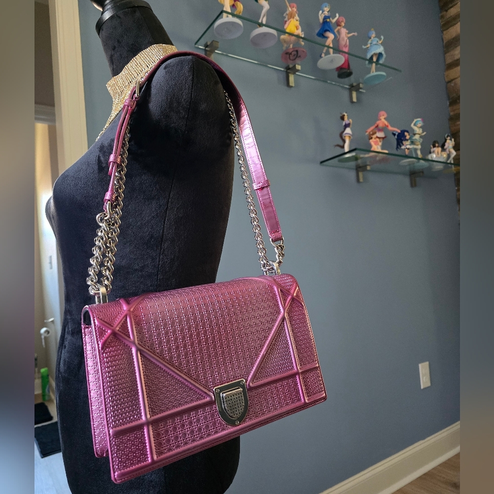 Authentic Christian DIOR Metallic Patent Diorama Flap Pink Bag